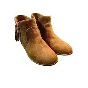 Top Moda Women's Size 9 Brown Fringe Ankle Booties with Side Zipper 1.5" Heel